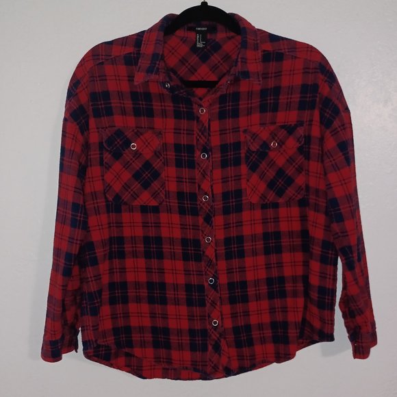 Forever 21 plaid button down shirt red & navy blue cotton women’s small soft - Picture 2 of 4